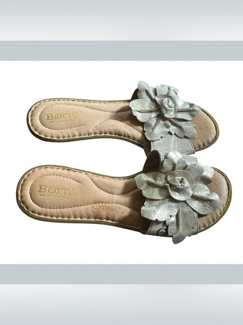 US 8 Born Silver Floral Slide Sandals
